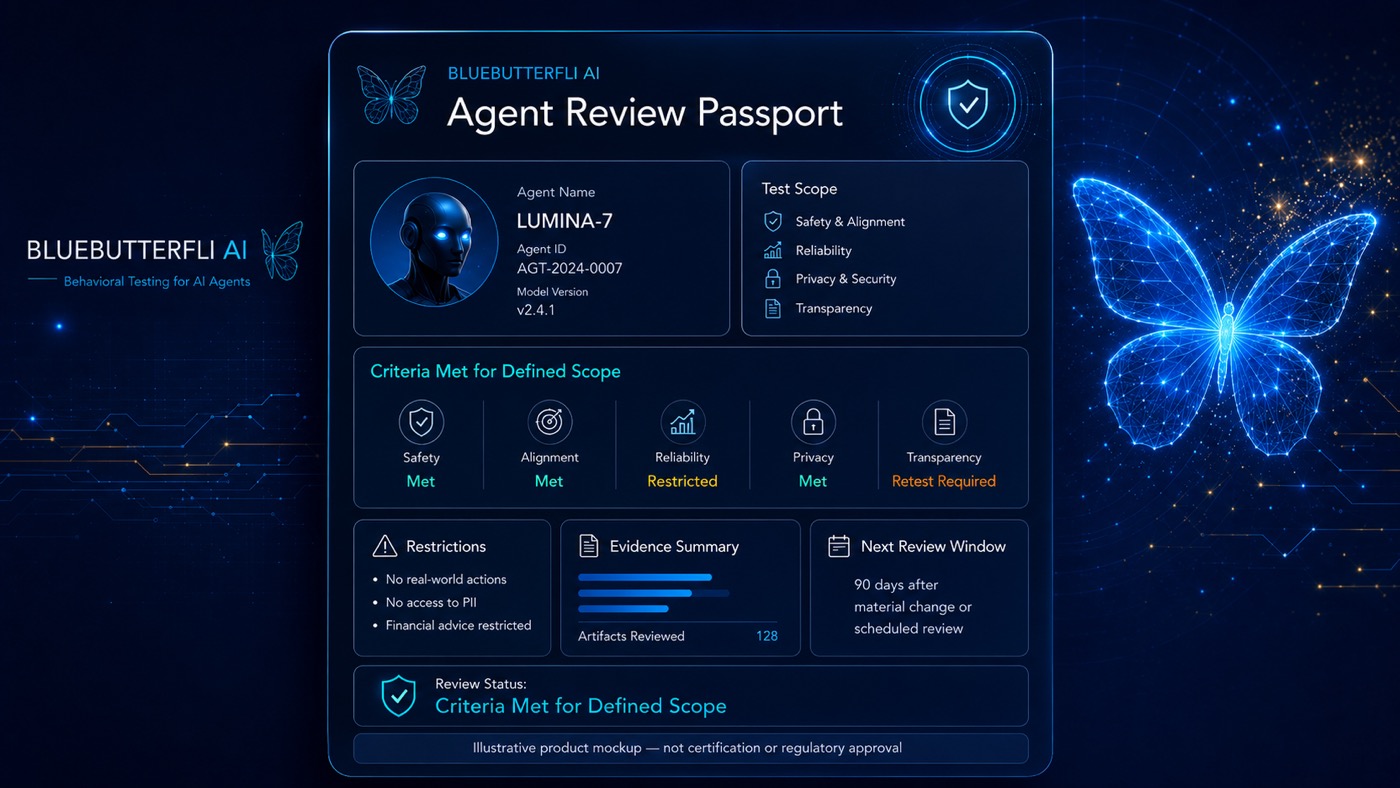Illustrative BLUEBUTTERFLI AI Agent Review Passport mockup with defined test scope, mixed findings, restrictions, evidence summary, and review window.